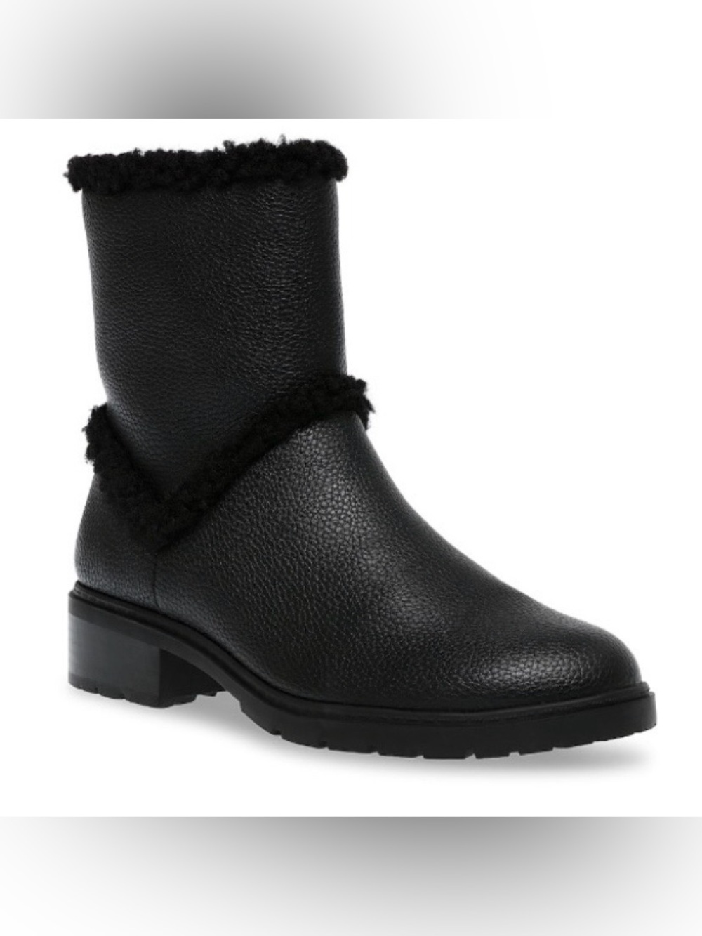 Anne Klein Black Pebble Leather Shearling-Trim Ankle Boot